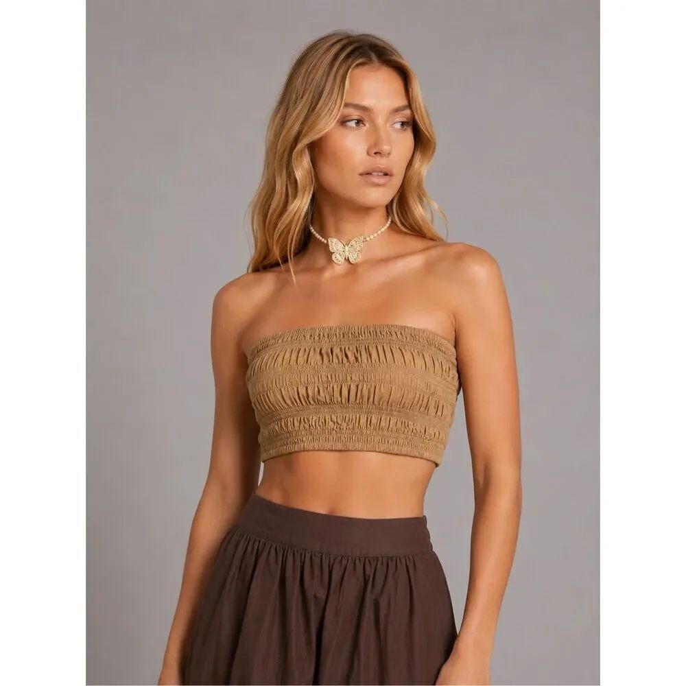NWT MIKOH Siwa Top Sea Branch Smocked Linen Bandeau Top Size 1 S (A)